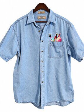 Most Wanted Denim Shirt Light Wash Short Sleeve Embroidered 100% Cotton